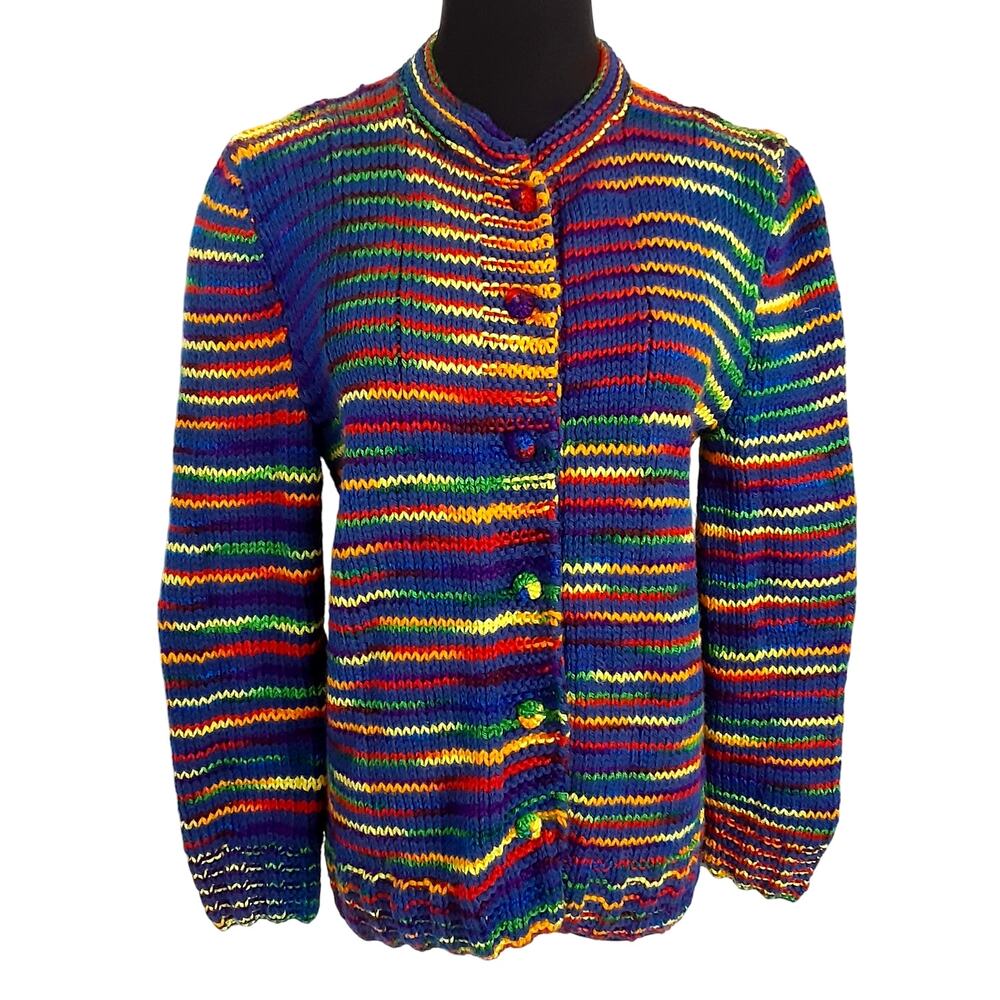 Vintage 1970s Crochet Rainbow Stripe Cardigan Sweater Button Front Lettuce Hem